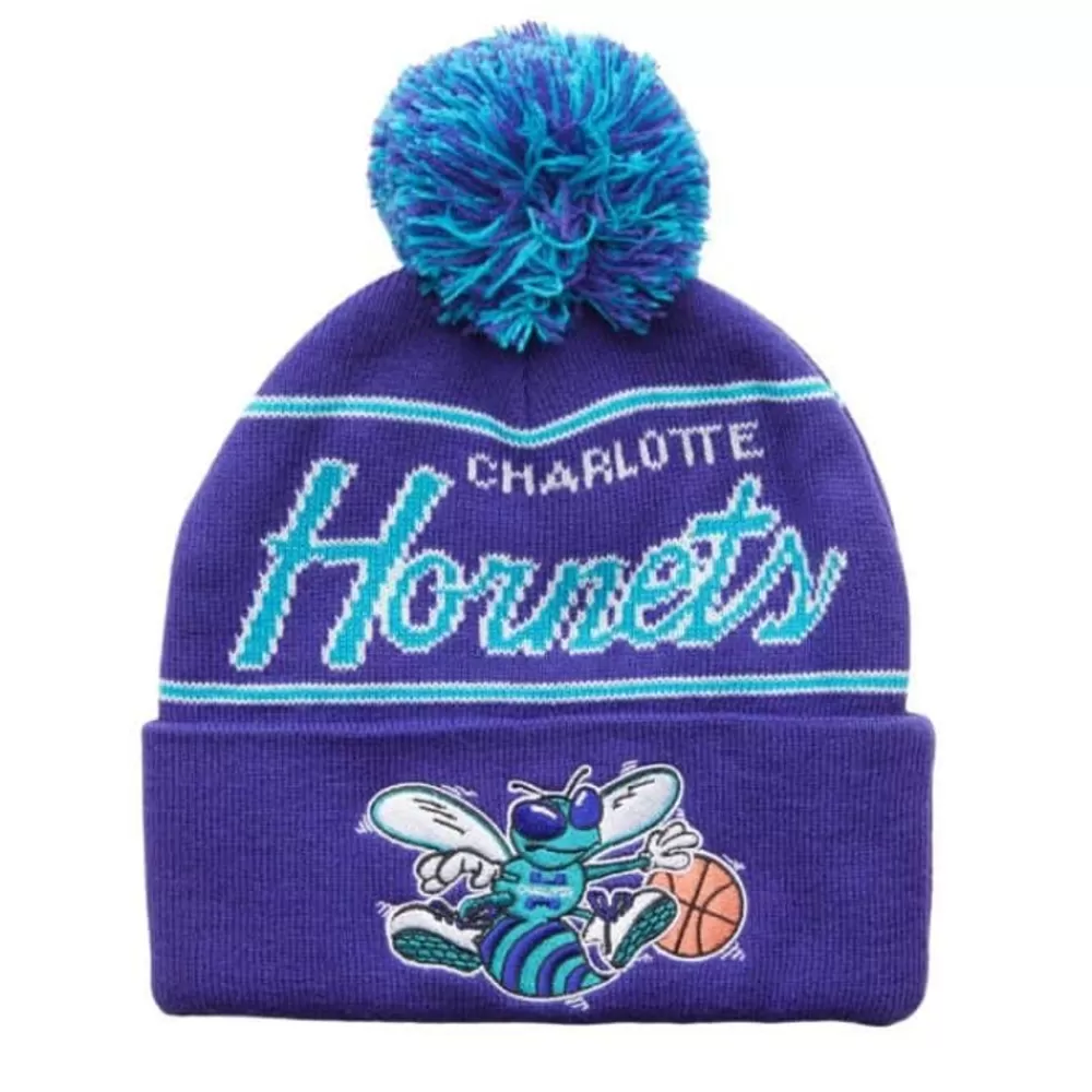 Headwear Mitchell & Ness -Script Pom Beanie Hwc Charlotte Hornets