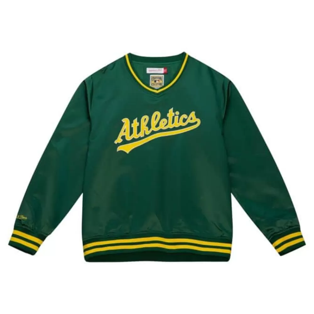 Apparel Mitchell & Ness Jackets & Outerwear-Sideline Pullover Satin Jacket Oakland Athletics